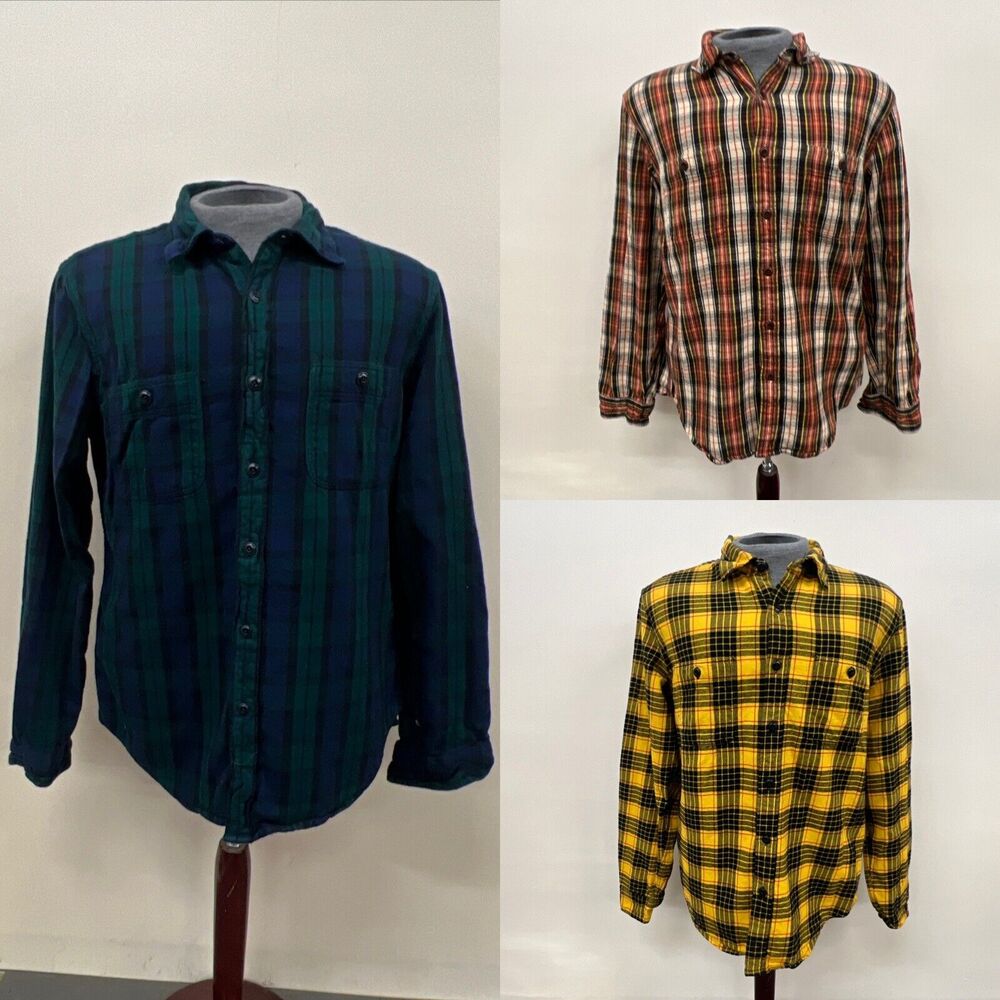 (3) J. Crew Mens Mid-Weight Flannel Shirt Plaid Button Down Slim Fit Large Chrty - Picture 1 of 16